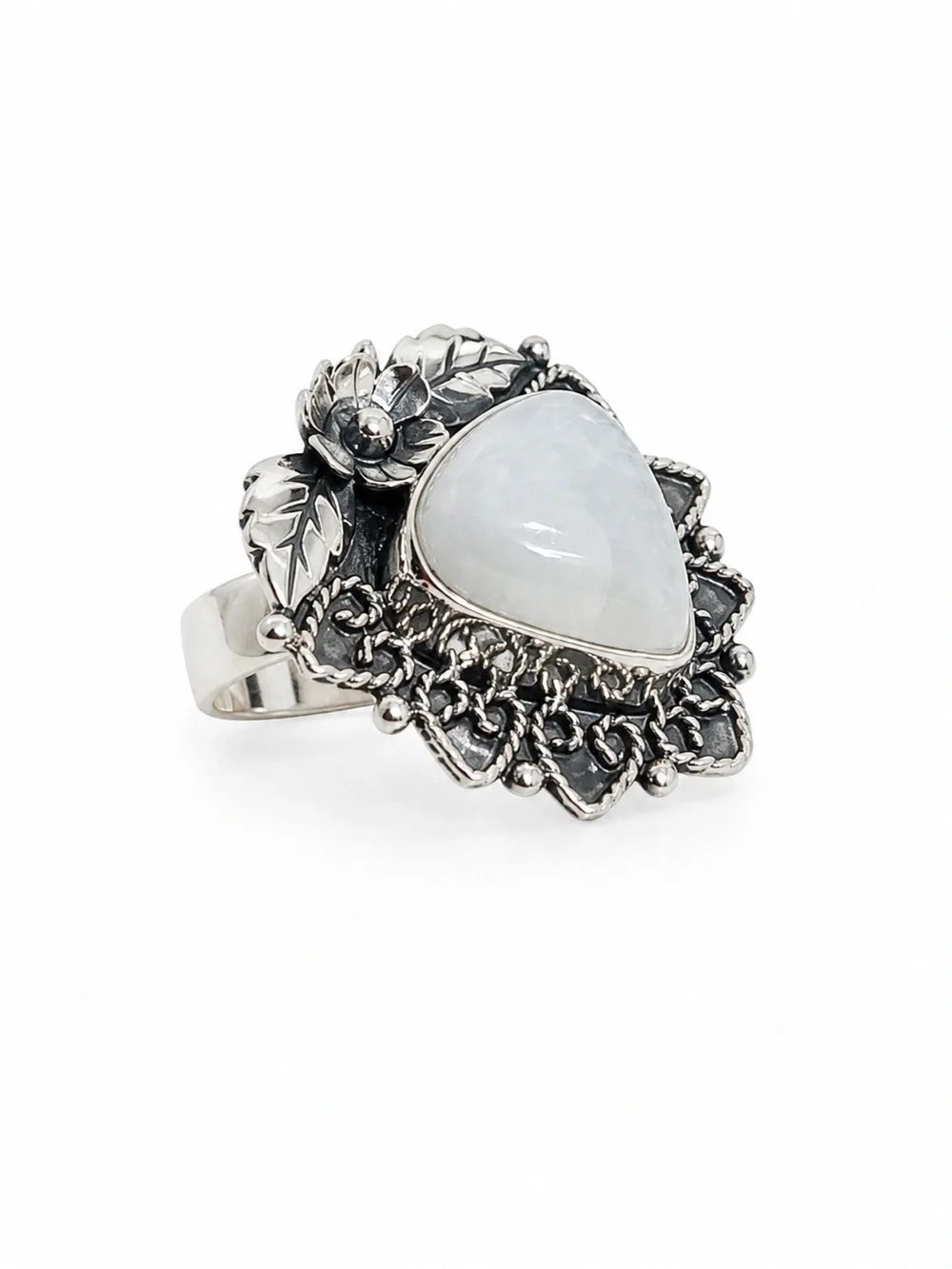 Sterling Silver Moonstone Floral Statement Ring